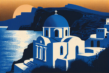Blue and orange illustration of a typical Greek island landscape and buildings, generative AI