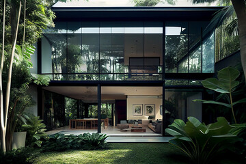 Contemporary glass building completely transparent surrounded by a tropical garden, generative AI