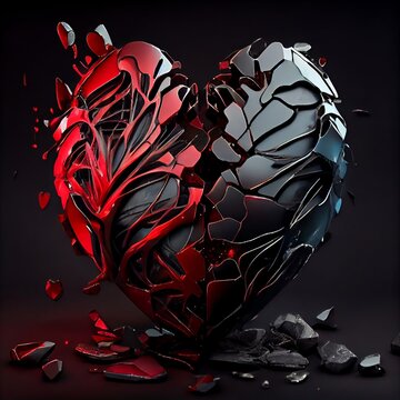 Shiny ruby and black diamond broken heart isolated on black background. Natural precious mineral stone artistic illustration. Decorative ruby and black diamond crystal heart poster.