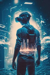 Fototapeta na wymiar Man wearing virtual reality goggles standing in virtual reality