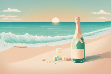 Two glasses of champagne over a paradise background by a beautiful beach at sunset. Flat style illustration. Generative AI.