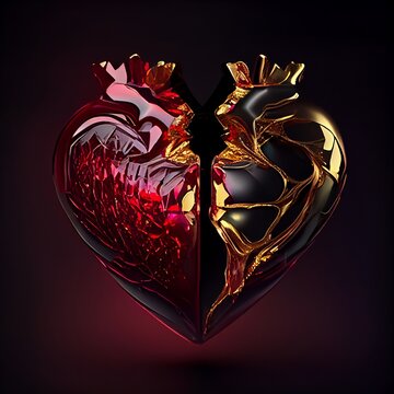 Shiny red ruby and gold broken heart isolated on black background. Natural precious mineral stone artistic illustration. Decorative ruby and gold crystal heart poster.