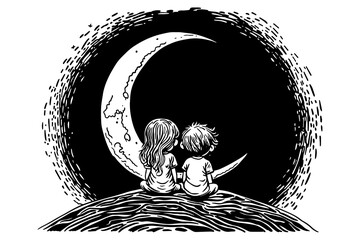 A little girl and little boy sitting on a crescent moon together. Love in space. Romantic line illustration. 
