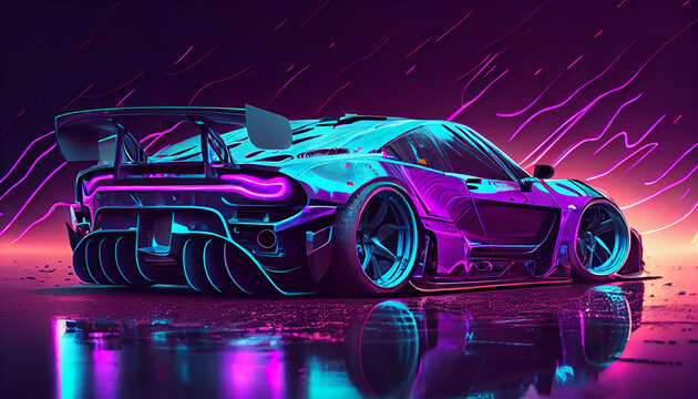 Rear view on sports car in purple neon colours. 80s vibe, cyberpunk, phonk music genre, synth wave style. Generative AI