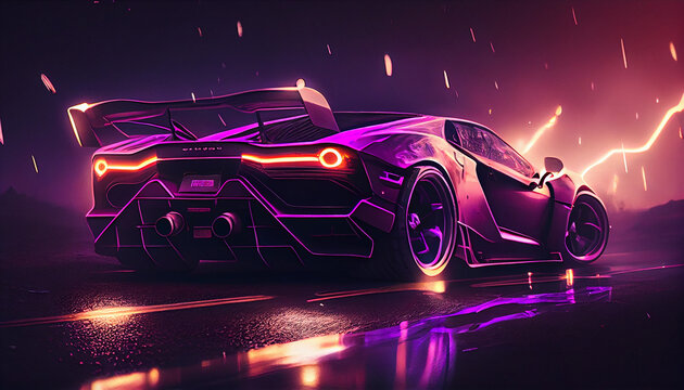 Rear view on synth wave style car in purple neon colours. 80s vibe, cyberpunk, phonk music genre. Generative AI