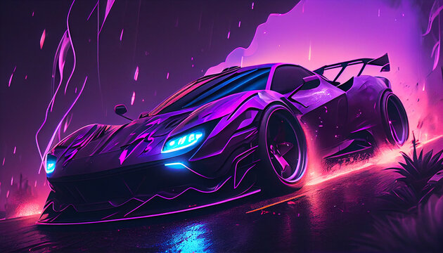 Futuristic synth-wave car in purple neon colours. 80s style, cyberpunk, phonk music concept. Generative AI