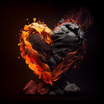 Black lava heart on fire flame isolated on black background. Love and passion symbolic artistic illustration. Decorative stone heart burning on fire poster.