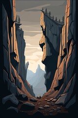 Fototapeta na wymiar illustration cartoon, mountain landscape with precipice and rocks, ai generative
