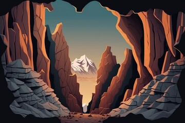 illustration cartoon, mountain landscape with precipice and rocks, ai generative