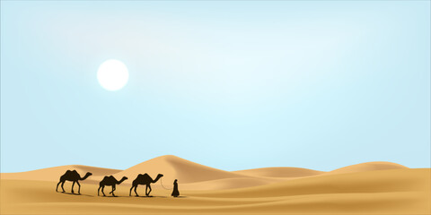 Ramadan desert background with mosque and silhouette of camels caravan.