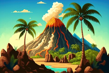 cartoon illustration, prehistoric landscape with volcano and tree, ai generative - obrazy, fototapety, plakaty