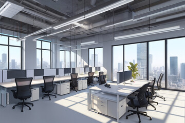 Modern office, loft style, spacious open space for work, empty offices concept, generative ai