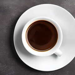 white cup and saucer with freshly brewed strong black espresso coffee with crema
