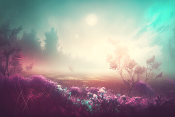 Fototapeta na wymiar ethereal landscape, misty meadow, dreamy atmosphere, soft pastel colors, dreamy atmosphere, abstract art form
