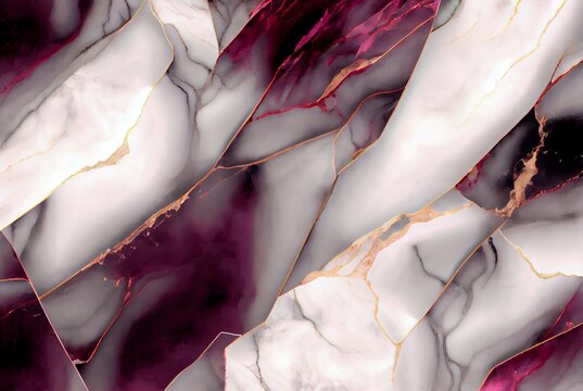 White marble with with gold and red ruby surface abstract background. Decorative acrylic paint pouring rock marble texture. Horizontal natural gold and red abstract pattern.