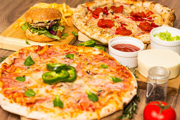 Pizza and Hamburger with French fries