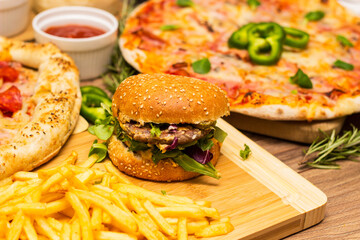 Pizza and Hamburger with French fries