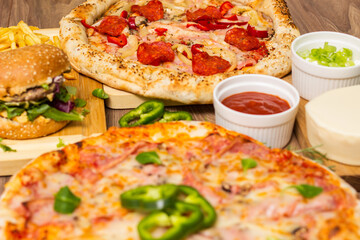 Pizza and Hamburger with French fries