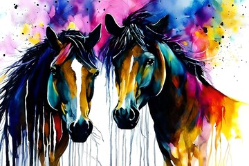 abstract horses with colorful background with splashes