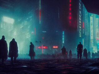 Cyberpunk facing a dystopian city. Digital illustration sci fi cityscape, people in the cold street. 
