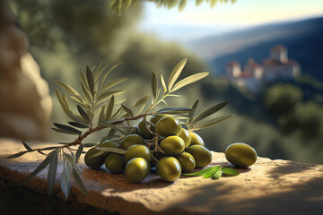 Delicious ripe olives with leaves. Based on Generative AI