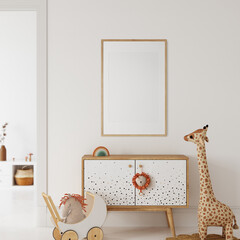 Frame mockup in the children's room interior. Nursery Interior. Boho scandinavian eco style. 3d rendering, 3d illustration
- 568994238