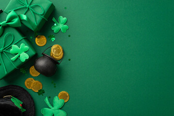 Naklejka na ściany i meble Saint Patrick's Day concept. Top view photo of leprechaun cap present boxes pot with gold coins bow-tie shamrocks and confetti on isolated green background with blank space