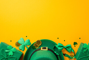 St Patrick's Day concept.Top view photo of leprechaun hat gift boxes gold coins shamrocks bow-tie and confetti on isolated yellow background with copyspace