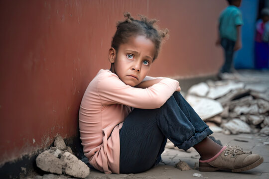 Little girl sad seated on the ground after a terrible earthquake destroyed her home - Generative AI