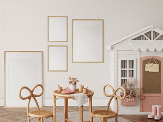 Frame mockup in the children's room interior. Nursery Interior. Boho scandinavian eco style. 3d rendering, 3d illustration	
