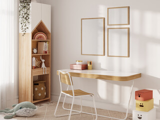 Frame mockup in the children's room interior. Nursery Interior. Boho scandinavian eco style. 3d rendering, 3d illustration	
