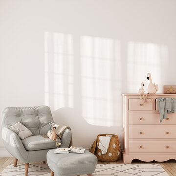 Wall mockup in the children's room interior. Nursery Interior. Boho scandinavian eco style. 3d rendering, 3d illustration	
