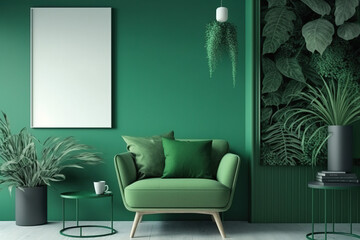 Green Living Room with Green Armchairs and Mockup Vertical Photo,  Poster Frame on The Green Wall - Generative AI