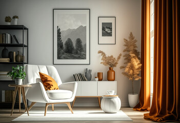 Mid Century Living Room with Carpet on The Fall, Mockup Photo, Poster Frame on The White Wall - Generative AI
