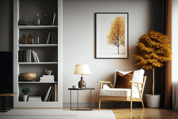 Modern Living Room with Carpet on The Fall, Mock Up Photo, Poster Frame on The White Wall - Generative AI