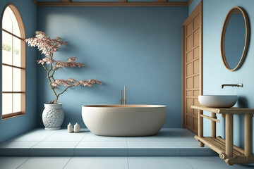Naklejka na ściany i meble Japanease Vintage Minimalist Retro Bathroom In Blue - Genrative AI