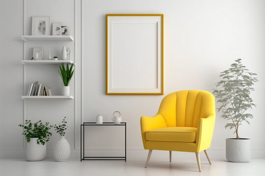 White Modern Room with Comfortable Yellow Armchair with Mockup one Veitical Poster, Phto Frame on tThe White Wall - Generative AI