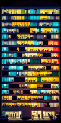Appartmenthaus Bürohaus Abstrakt Surreal Frontalansicht Vertikal bei Nacht Generative AI Digital Art Illustration Kunst Hintergrund Background Cover Kunst