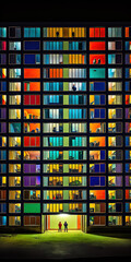 Appartmenthaus Bürohaus Abstrakt Surreal Frontalansicht Vertikal bei Nacht Generative AI Digital Art Illustration Kunst Hintergrund Background Cover Kunst