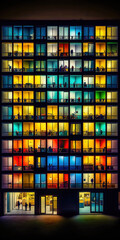 Appartmenthaus Bürohaus Abstrakt Surreal Frontalansicht Vertikal bei Nacht Generative AI Digital Art Illustration Kunst Hintergrund Background Cover Kunst