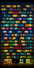 Fototapeta premium Appartmenthaus Bürohaus Abstrakt Surreal Frontalansicht Vertikal bei Nacht Generative AI Digital Art Illustration Kunst Hintergrund Background Cover Kunst