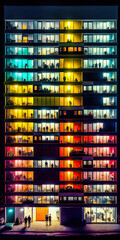 Appartmenthaus Bürohaus Abstrakt Surreal Frontalansicht Vertikal bei Nacht Generative AI Digital Art Illustration Kunst Hintergrund Background Cover Kunst