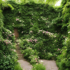 Fototapeta premium A secret garden hidden behind a tall wall of ivy and hidden from the world beyond AI Generative