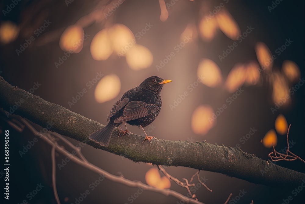 Poster photograph taken with a narrow depth of field, focusing in on a little blackbird perched on a tree l