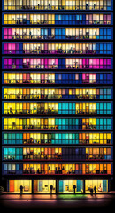 Appartmenthaus Bürohaus Abstrakt Surreal Frontalansicht Vertikal bei Nacht Generative AI Digital Art Illustration Kunst Hintergrund Background Cover Kunst