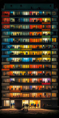 Appartmenthaus Bürohaus Abstrakt Surreal Frontalansicht Vertikal bei Nacht Generative AI Digital Art Illustration Kunst Hintergrund Background Cover Kunst