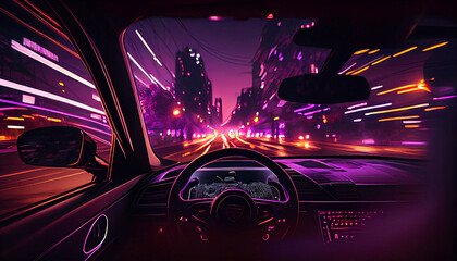 Driving in the night, futuristic synthwave car in purple neon colours, in motion. Generative AI