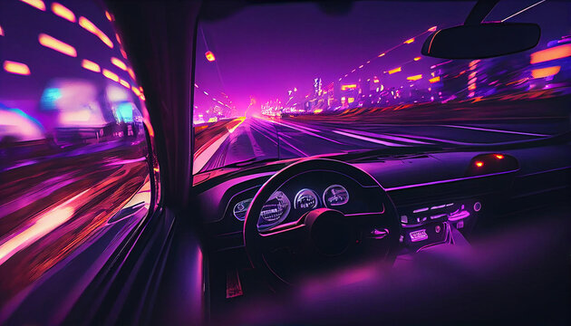 driving in the night, futuristic synth-wave car in purple neon colours. Generative AI © photoguns
