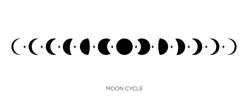 Nature moon cycle. Vector illustration isolated on white background. Astronomy monochrome poster with phases from new to full moon