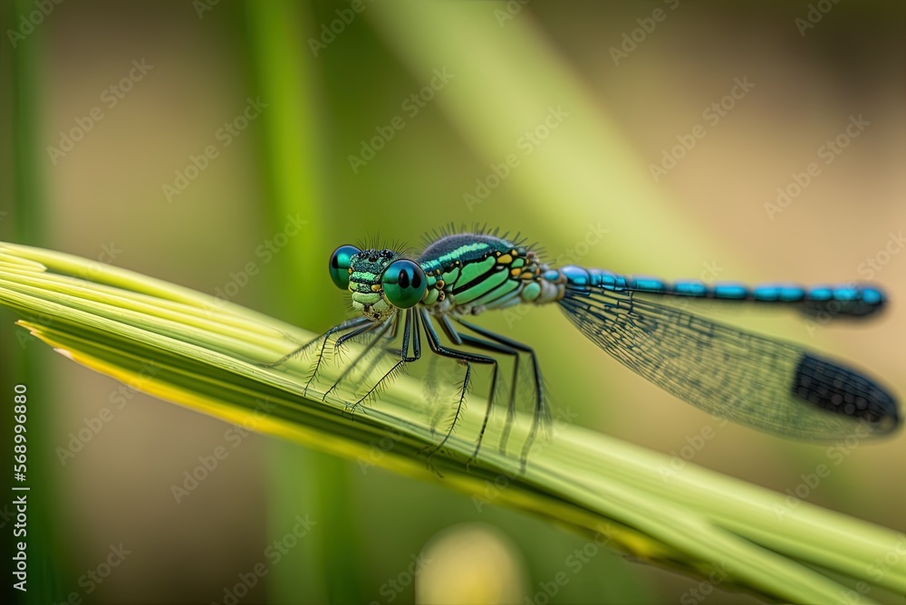 Poster blurred grass in the backdrop of an in focus photo of a damselfly perched on a leaf. generative ai